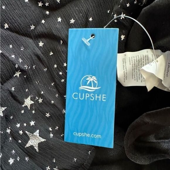 Cupshe Black Silver Glitter Star Print Peasant Sleeve Romper Black Silver Stars - Picture 5 of 9